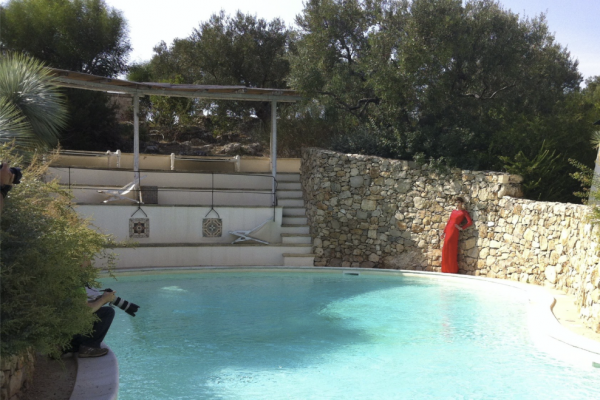 pool and red dress